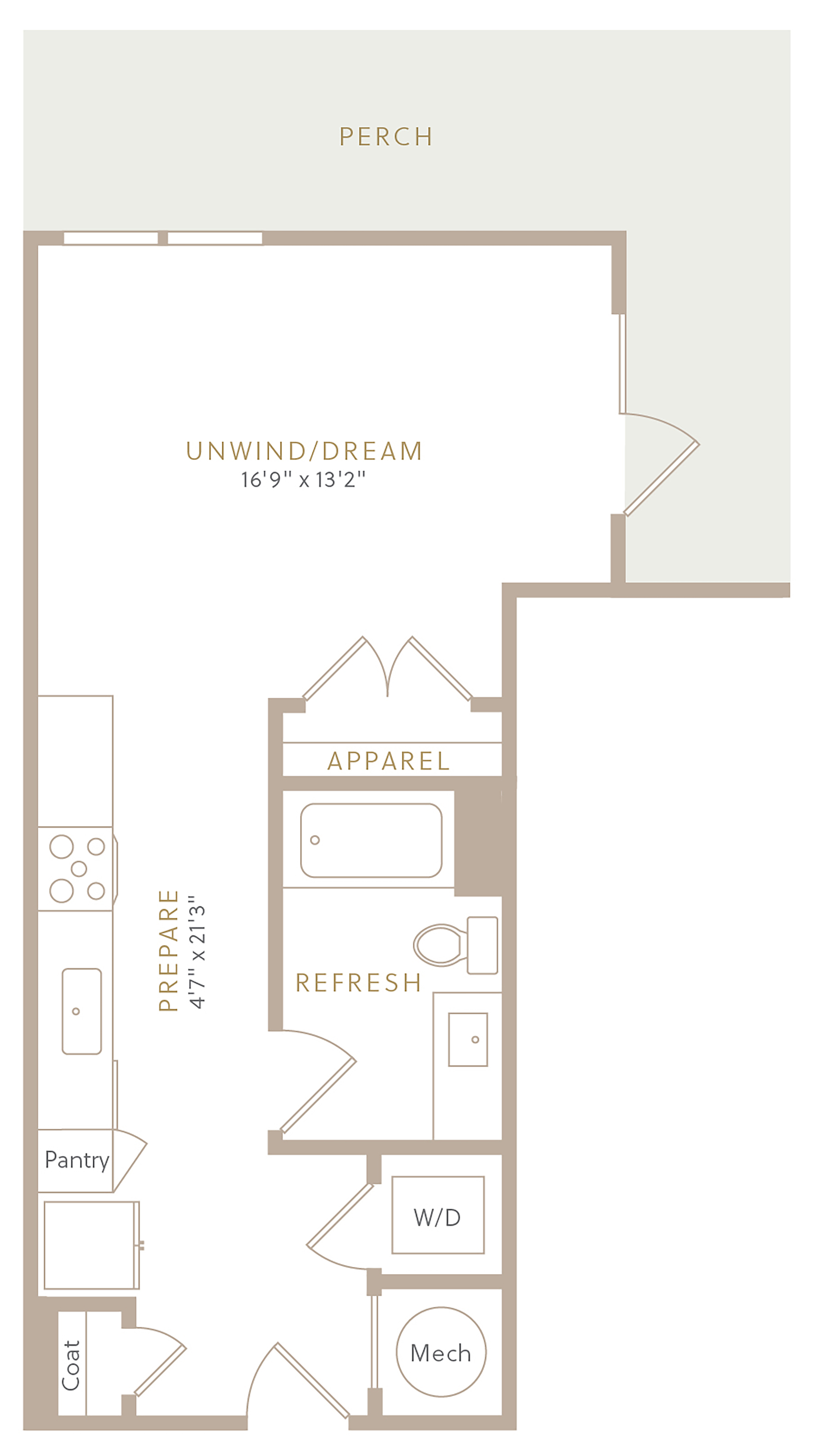 Floor plan for studio, 1 bath